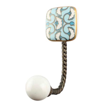 Turquoise Sea Shell Square Ceramic Wall Hook in Antique Fitting 